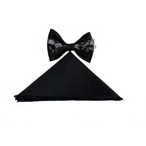 NEW QUIET LUXURY men's bow tie and pocket piece in black with embroidered patter